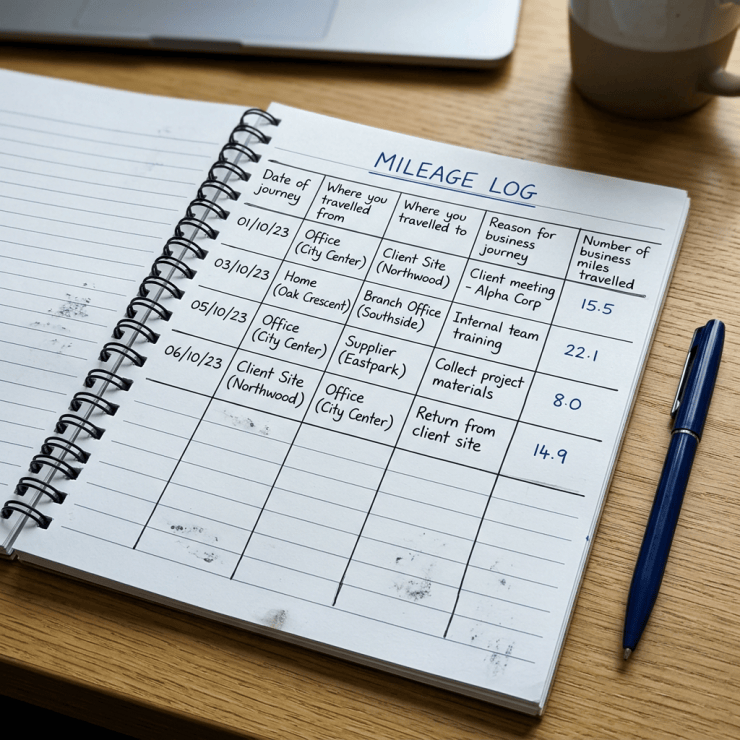 Mileage log for recording business miles for making an expense claim to HMRC