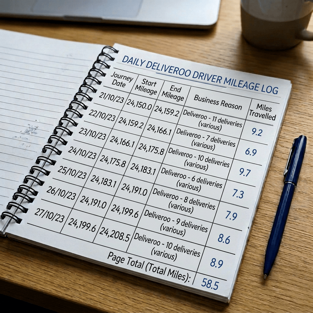 a Deliveroo Mileage log for recording miles for making an expense claim to HMRC